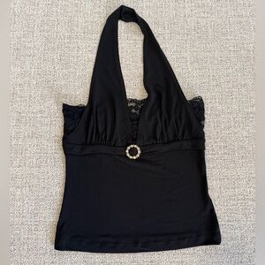Black Halter Lace Trim Tank with Decorative Brooch